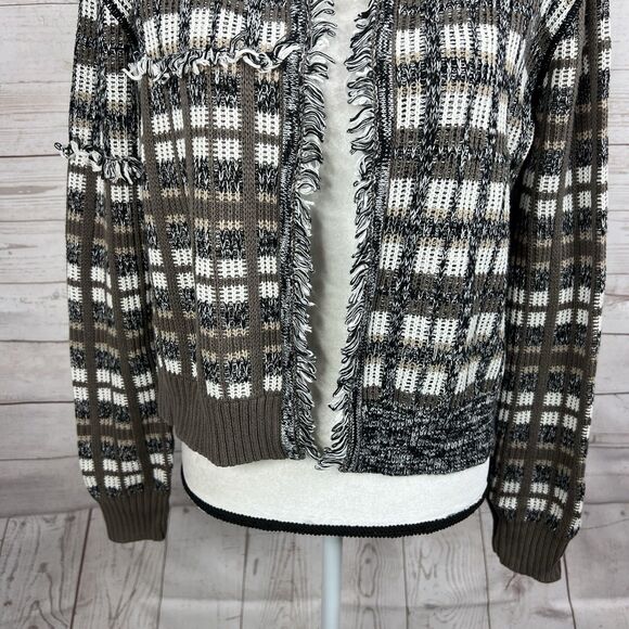 CAbi # 4097 Classic Cardigan Sweater Size Medium Brown Plaid Open Front Fringe - Picture 4 of 10